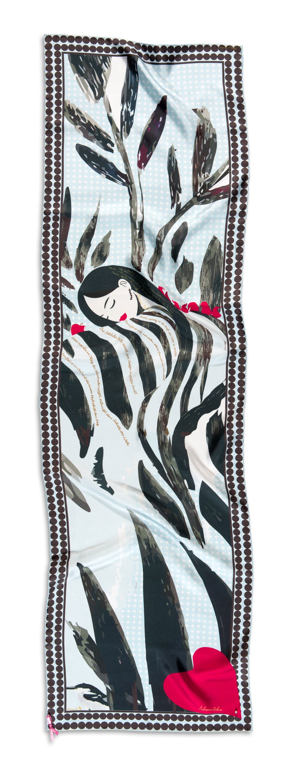 Foulard Schal SCHNEEWITTCHEN, 145x45cm, Seidentwill 18m/m, handrollierter Saum, Perle am Rand