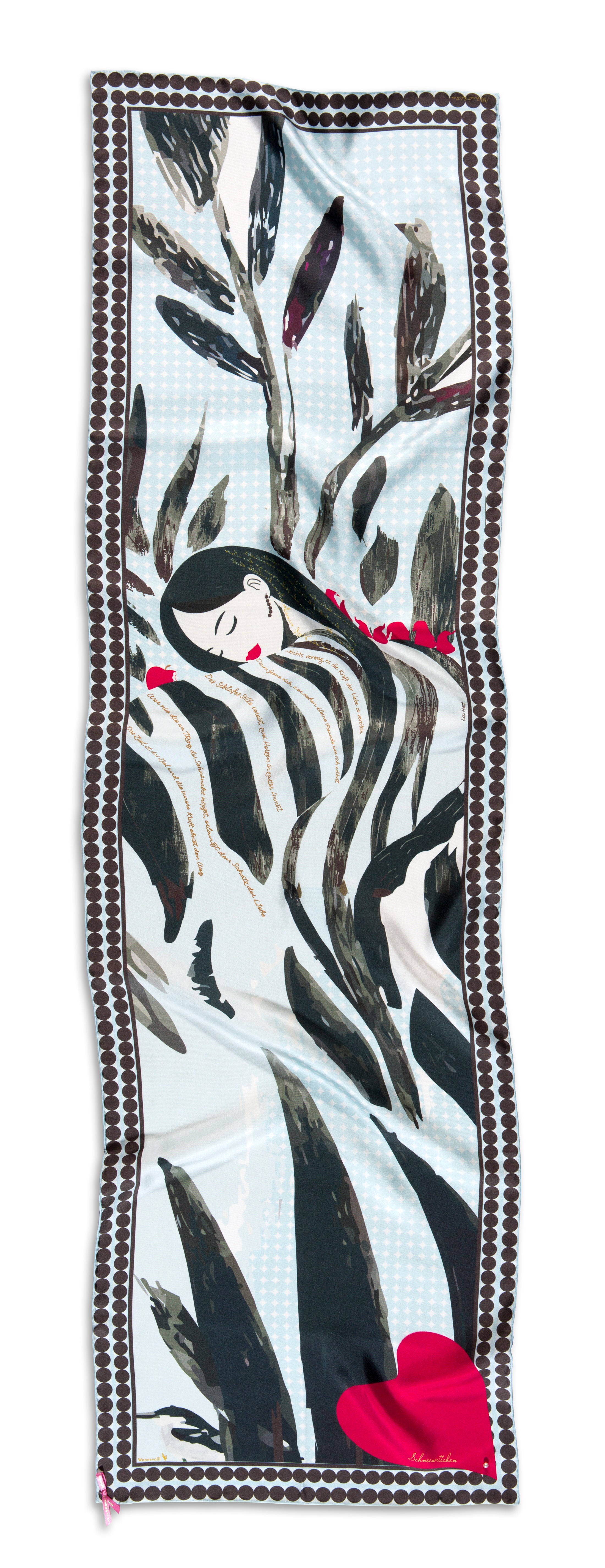 Foulard Schal SCHNEEWITTCHEN, 145x45cm, Seidentwill 18m/m, handrollierter Saum, Perle am Rand